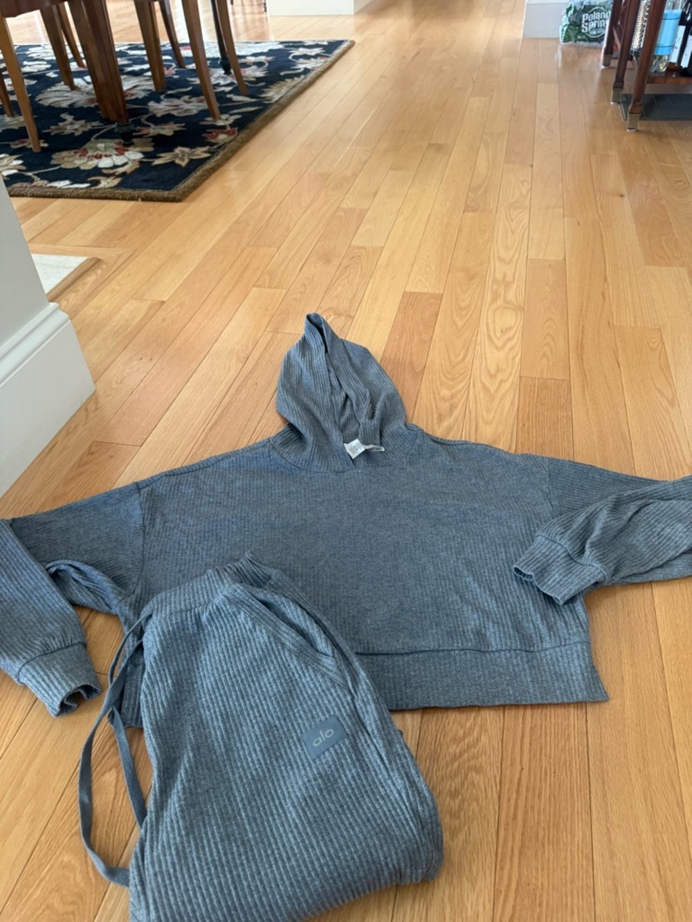 alo Ribbed Gray Hoodie Sweater and jogger set medium top small bottom